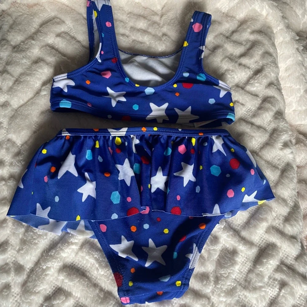 Cat & Jack 2T Swimsuit Two‎ Piece Skirted Stars Polka Dots Blue Girl's Swim Set